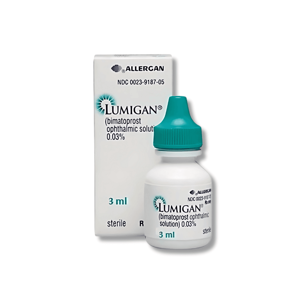 Lumigan drops product packaging for eye and lash care